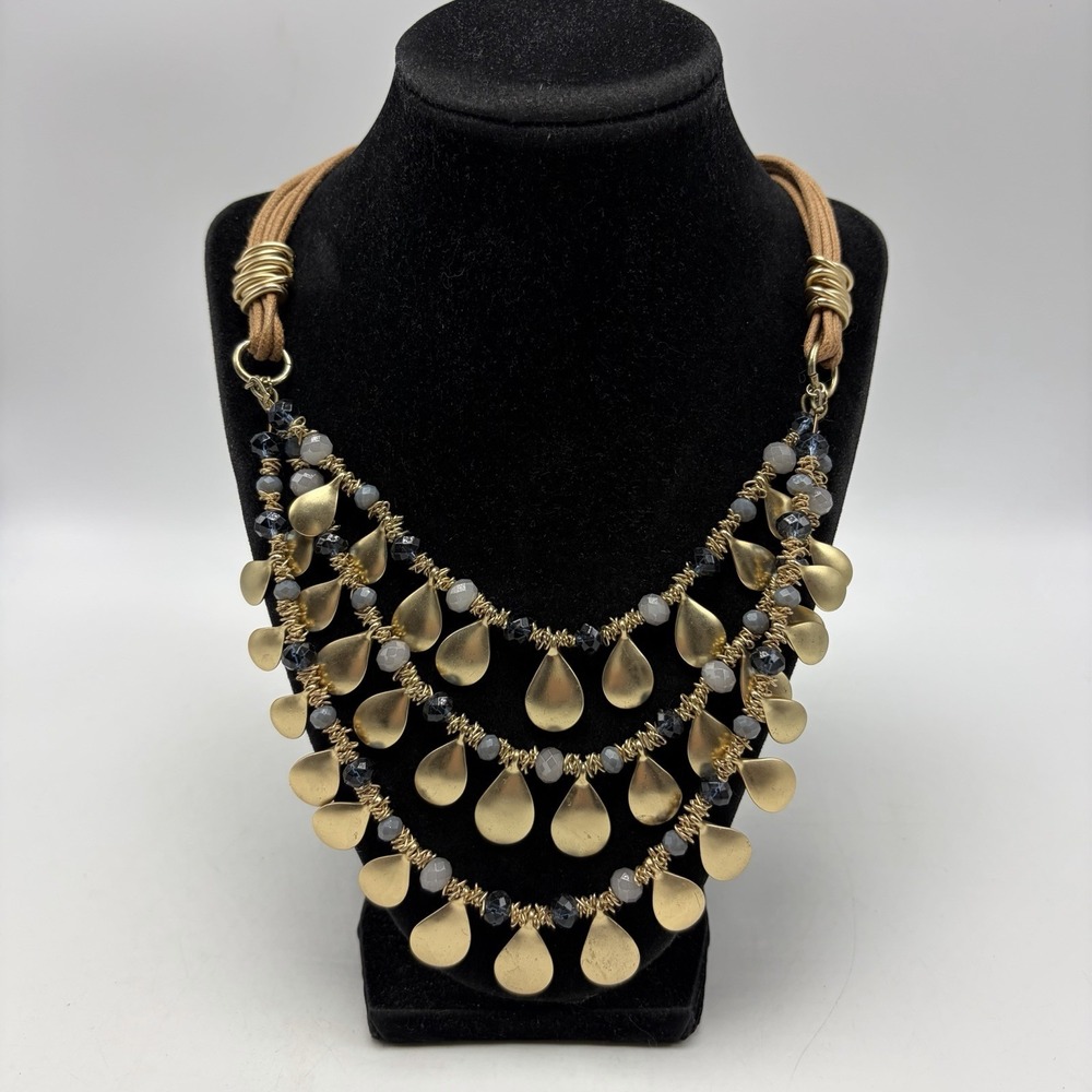 Statement Necklace Gold Tone Disc Brown Cord Gray Bead St Thomas Career Office